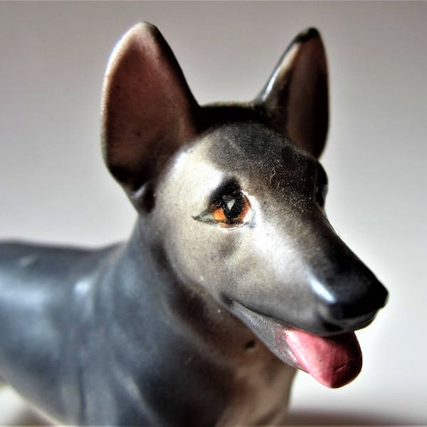 Dog German Sheppard Signed Japan Vintage Porcelain Figurine Life-Like Gray Bone China Highly Detailed Hand Painted