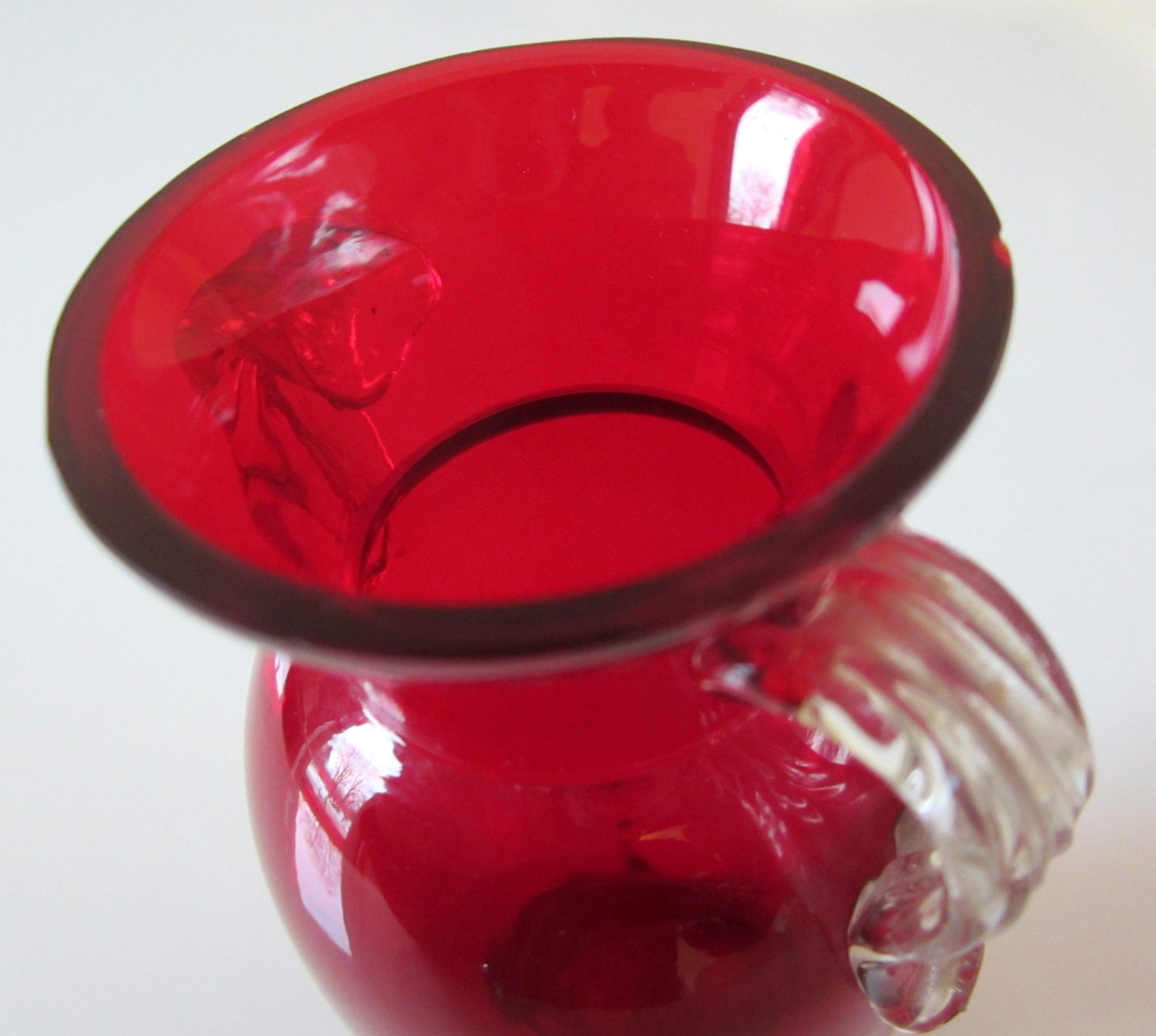Ruby Red Glass Bud Vase Czechoslovakia Clear Applied Handles Ruby Red Glass Bud Vase Czechoslovakia Clear Applied Handles