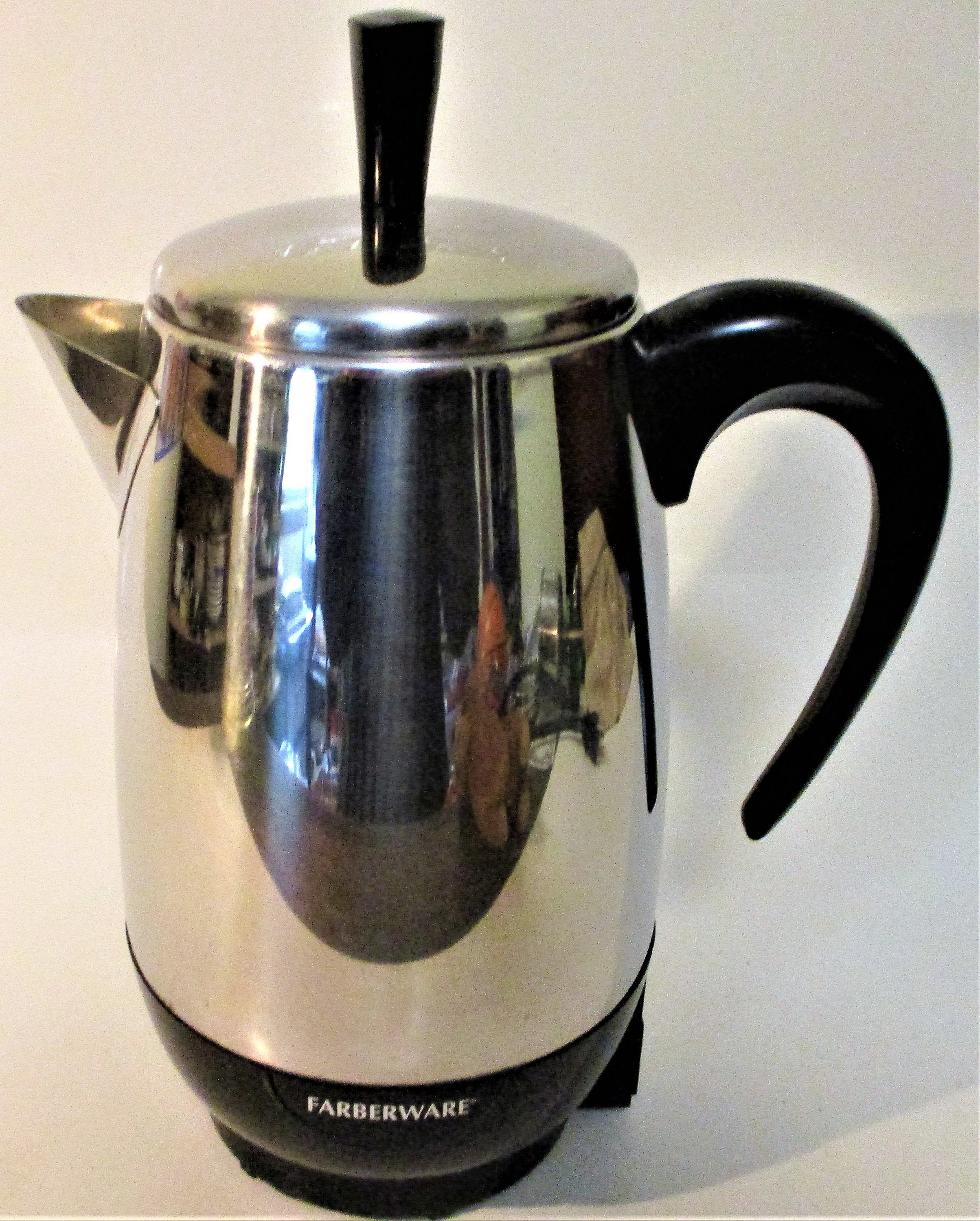 vintage Farberware deco chrome coffee set, electric percolator pot, cream &  sugar, serving tray