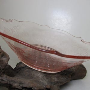 May include: A pink glass serving bowl with a decorative floral pattern. The bowl has a scalloped rim and a red-tinted edge. The bowl is resting on a piece of driftwood.