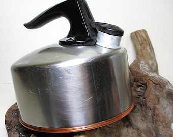 Revere Rome NY Flat Stove Top Whistling TEAPOT Copper Bottom Coffee Pot Maker Vintage 1 Qt Original Stainless Steel USA Rare 1968 Gift Sale