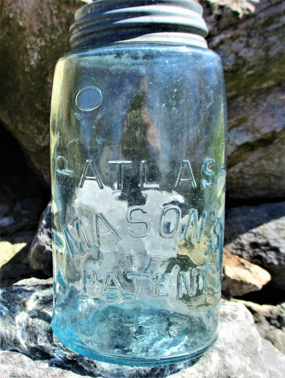 Vintage Atlas Cornflower Blue Patent Glass MASON Canning Fruit Jar