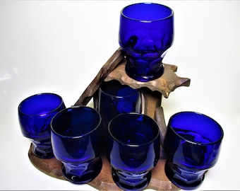 Cobalt Blue Georgian Tumbler Glass Mug Viking Diamond Flat Vintage Glassware Honeycomb Water Wine Home Kitchen Gift  Hexagon Ice Tea Set 6