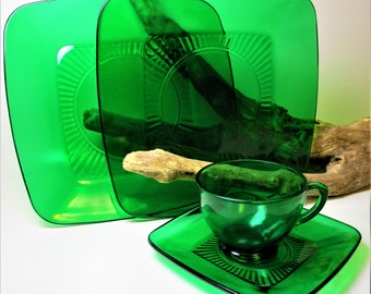 Vintage Anchor Hocking Charm Square Forest Green Dish Emerald Glass Dinner Saucer Tea Cup Dessert Depression USA Gift