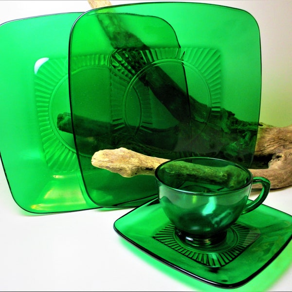 Vintage Anchor Hocking Charm Square Forest Green Dish Emerald Glass Dinner Saucer Tea Cup Dessert Depression USA Gift