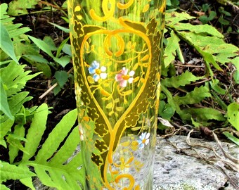 Czech Bohemian Clear Glass Goblet Bud Vase Applied Enamel Flower Scroll Painted Gold Footed Smooth Rim Hand Blown Bubbles Floral Unique Vine