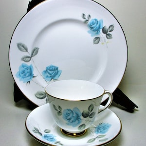 Vintage Crown Staffordshire Fine Bone China Tea Cup Saucer Salad Dessert Plate BLUE Roses Flower Floral England Transfer 3 Set Replacement