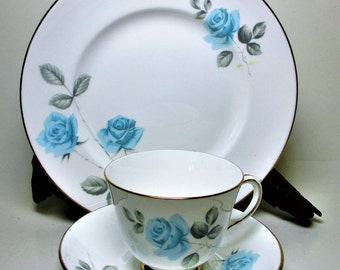 Vintage Crown Staffordshire Fine Bone China Tea Cup Saucer Salad Dessert Plate BLUE Roses Flower Floral England Transfer 3 Set Replacement