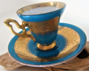 Tea Cup Saucer Lusterware Blue Turquoise Japan Arnart Flower Floral Design Gold Gilt Delicate Footed Ornate Handle