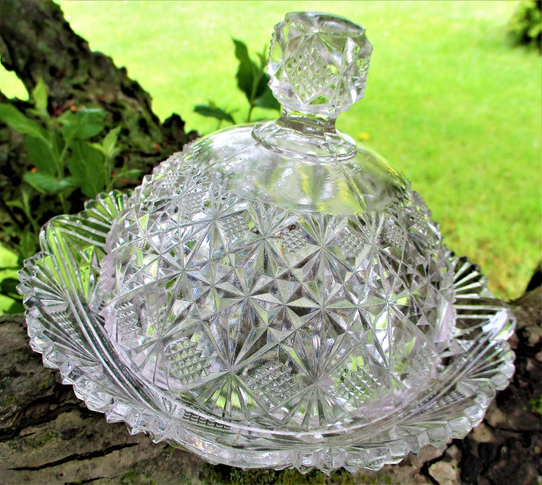 Vintage EAPG Butter Dish Glass Cheese Cover Dome Lid Diamond Cut Ornate