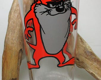 Glass  TASMANIAN DEVIL 1973 Pepsi WB Looney Tunes Tall Tumbler Classic Cartoon Rare Collectible Orange White Letter Warner Bros Gift Federal