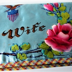 Wife Poema Fort Camp Stewart Georgia Satin Clutch Purse Made in USA Flaged Lace Handkerchief Evening Bag Handed Flower Motif Rare