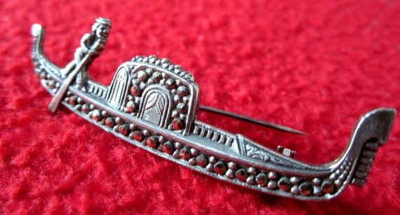 Broche Ancienne Argent Massif 800 Gondolier Avec Marcassites - Superbe Bijou Vintage