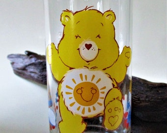 Vintage 1983 Pizza Hut Care Bears Collectible Tumbler Glass Sunshine "FUNSHINE" Libby Promo Give Away Vibrant Yellow Classic Gift Childhood