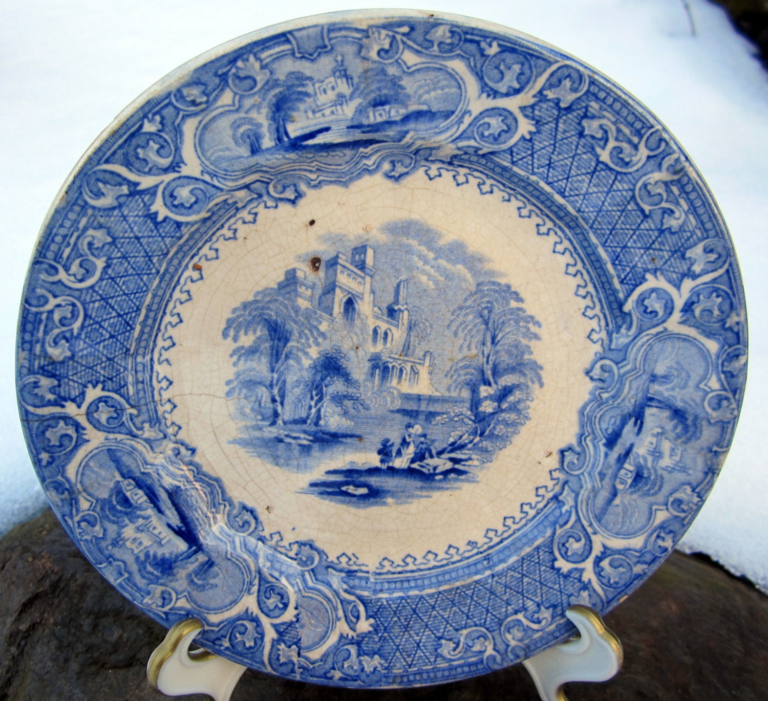 Antique White Blue Transferware Challinor Priory Saucer English