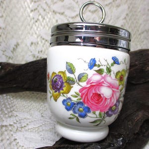 Vintage Egg Coddler Jelly Jar Bournemouth Rose Royal Worcester England Porcelain Floral Pattern Pink Cabbage Chrome Lidded Top Baby Food UK