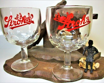 Vintage Beer Mug Bartlett Collins Thumbprint Red STROH'S USA Glass Stein Flag Motif Pedestal Dimple Footed Goblet Rare Gift Barware