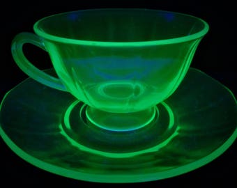 Antique Green Depression Teacup Saucer Petal Panel Vaseline Coffee Tea Cup Subtle Fine Lines Collectible Rare Set of 8