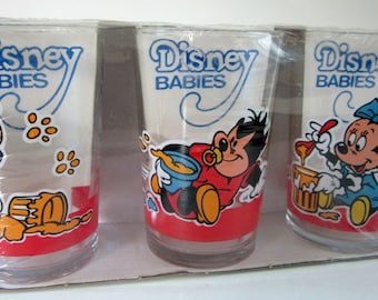 Vintage Walt Disney Babies Juice Glasses Mickey Game Loto Puzzle Collectible Set Minnie Donald Goofy Xmas Gift