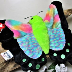 May include: A green and black butterfly plush toy with rainbow-colored wings. The toy has a tag that says "Ty" and "Flutter".