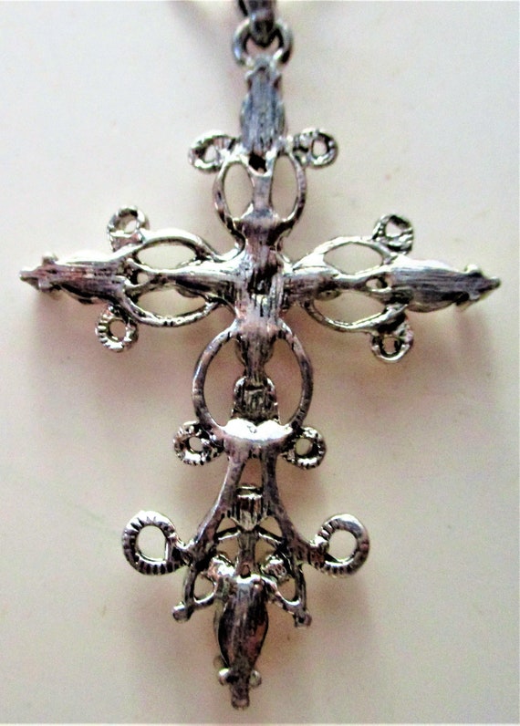 Large Pink Ruby Clear Rhinestone Cross Silver Ton… - image 6