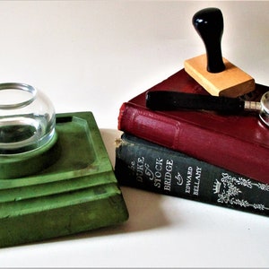 Ink Well Stand Fountain Pen Glass Globe Deco Hard Rubber Stamp Holder Sengbusch Milwaukee USA Heavy Envelope Dispenser Mailbox Desk