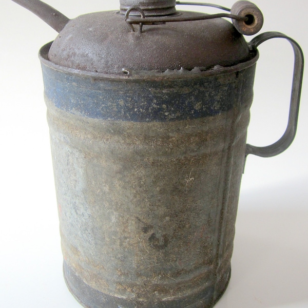 Antique Metal Oil Can Vintage Galvanized Steel Kerosene Jug Wood Handle Original Patina Blue Stripe Movie Prop