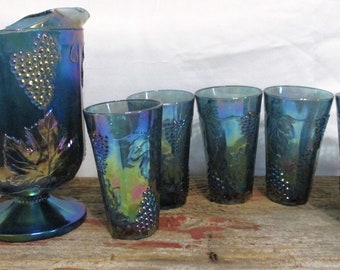 Carnival Glass Large Pitcher 6 Tumblers Glasses Iridescent Raised Harvest Grape Indiana Blue Amethyst Purple Goblets Bar Table Xmas Gift