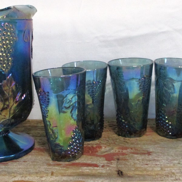 Carnival Glass Large Pitcher 6 Tumblers Glasses Iridescent Raised Harvest Grape Indiana Blue Amethyst Purple Goblets Bar Table Xmas Gift
