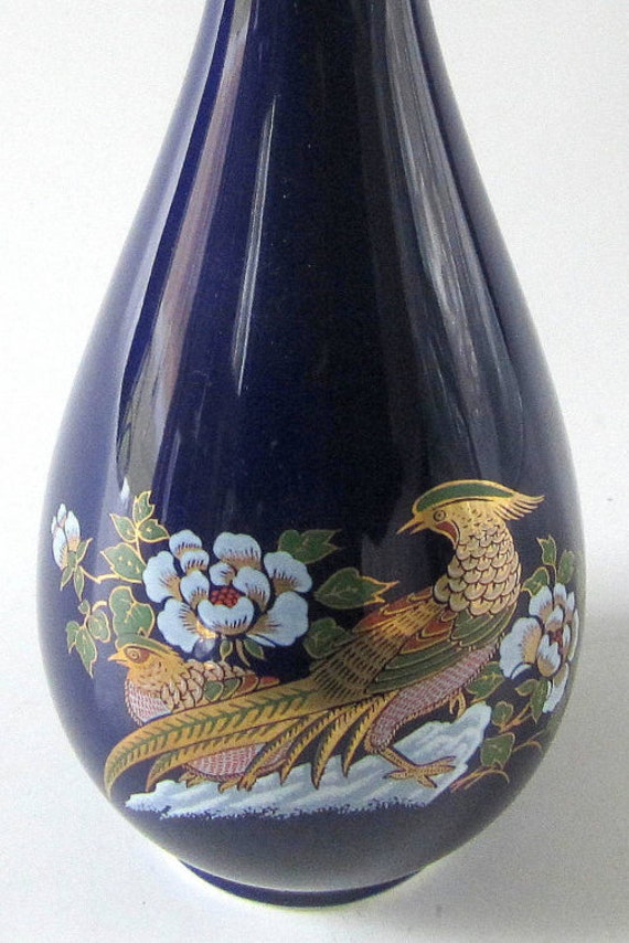 Vintage Vase Oriental Cobalt Blue Bird Paradise Pheasant Gold