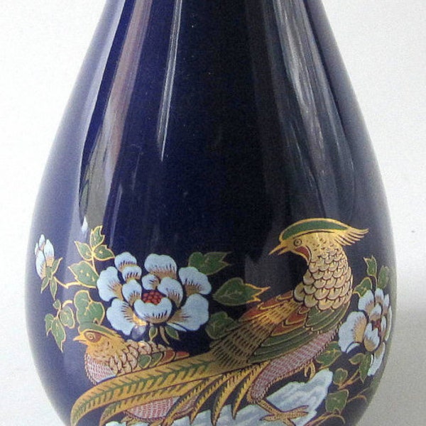 Vintage Vase Oriental Cobalt Blue Bird Paradise Pheasant Gold Floral Japan Flower Planter