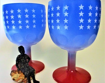 Vintage Beer Mug Bartlett Collins Thumbprint Red White Blue Stars USA Glass Stein Flag Motif Pedestal Dimple Footed Goblet Rare Gift Barware