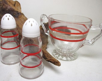 Vintage MCM Mid Century Modern Red White Stripe Kent Glass Elegant Crystal Cut Footed Salt Pepper Open Sugar Bowl Set Kitchen Gift USA