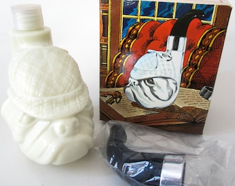 Avon Decanter Bottle Bulldog Pipe Sherlock Holmes Hat Dog Wild Country After Shave Vintage Collectible Original Box New Gift Milk Glass