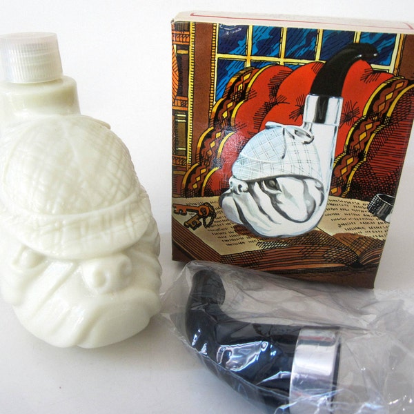 Avon Decanter Bottle Bulldog Pipe Sherlock Holmes Hat Dog Wild Country After Shave Vintage Collectible Original Box New Gift Milk Glass