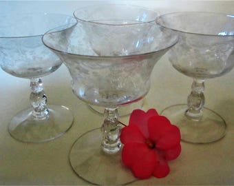 Vintage Crystal Glass Cut Clear Cognac Brandy 30s 50 Floral Cambridge Goblet Sherbet Stemware Chantilly Pattern Etched Low Cocktail Set of 4