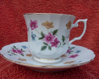 Tea Cup Saucer Demitasse Flowers Gold Vintage Bone China Trim Flowers Teacup