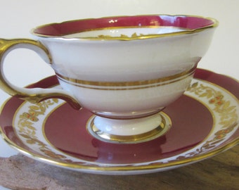 Vintage Bone China Teacup Saucer Demitasse GROSVENOR England Maroon Gold Floral Trim Pedestal Ornate Xmas Gift