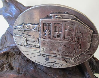 Vintage Belt Buckle Silver Pewter 1976 San Fransisco Trolley Cable Car Metal Trim HPC Co Brand American Made USA Rare Version Art