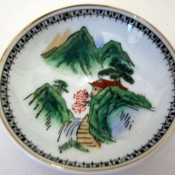 Oriental Japan Butter Pat Bowl Porcelain Water Falls Scene Floral Gold Trim Hand Painted Rare Xmas Gift