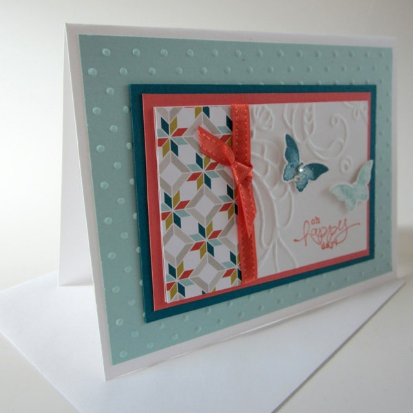 Handcrafted Oh Happy Day Greeting Card by Jacqueline Springtime Butterfly Embellishment OOAK