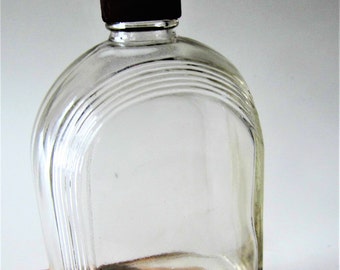 Deco Style Glass Beverage Bottle Jug Pint Decanter Antique Collectible Raised Letters Ribbed Flat Sided Metal Cap Very Rare