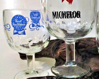 Vintage Beer Mug Pabst Blue Ribbon Michelob  16 oz. Glass Stein Ale Pedestal Footed Goblet Thumb Print Rare Version Gift Barware