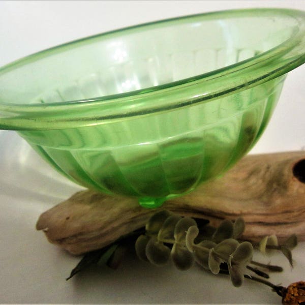 Green Depression Glass Vintage Hazel Atlas Bowl Panel Optic Rolled Rim Nesting Rest Well Pattern Mixing Footed Base Kitchen Batter