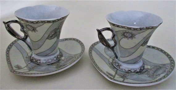 Lot of 3 Cups & Saucers Silver Heirloom JSC White Demitasse Espresso Coffee  Tea