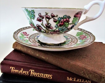 Vintage Bone China Teacup Saucer Demitasse Coalport England Indian Tree Blue Green Maroon Gold Floral Trim Bullion Tea Pedestal Ornate