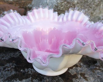 Vintage Fenton Pink Silver Crest Large Ruffled Bride's Bowl Spanish Lace Pedestal Rare Embossed Pedestal Footed Fruit Centerpiece Home Gift
