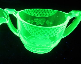 Sugar Bowl Creamer Green Depression Cut Glass Floral Lattice Vaseline Collectible Rare Christmas Gift