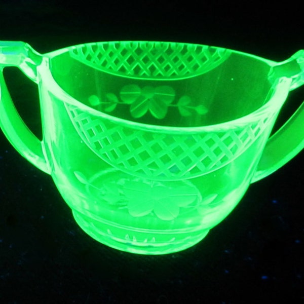 Sugar Bowl Creamer Green Depression Cut Glass Floral Lattice Vaseline Collectible Rare Christmas Gift