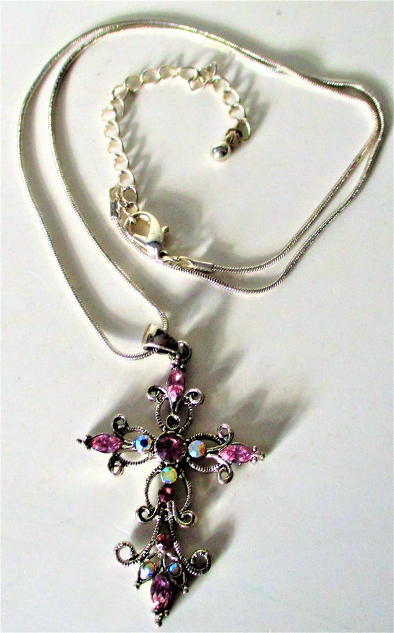Large Pink Ruby Clear Rhinestone Cross Silver Ton… - image 3